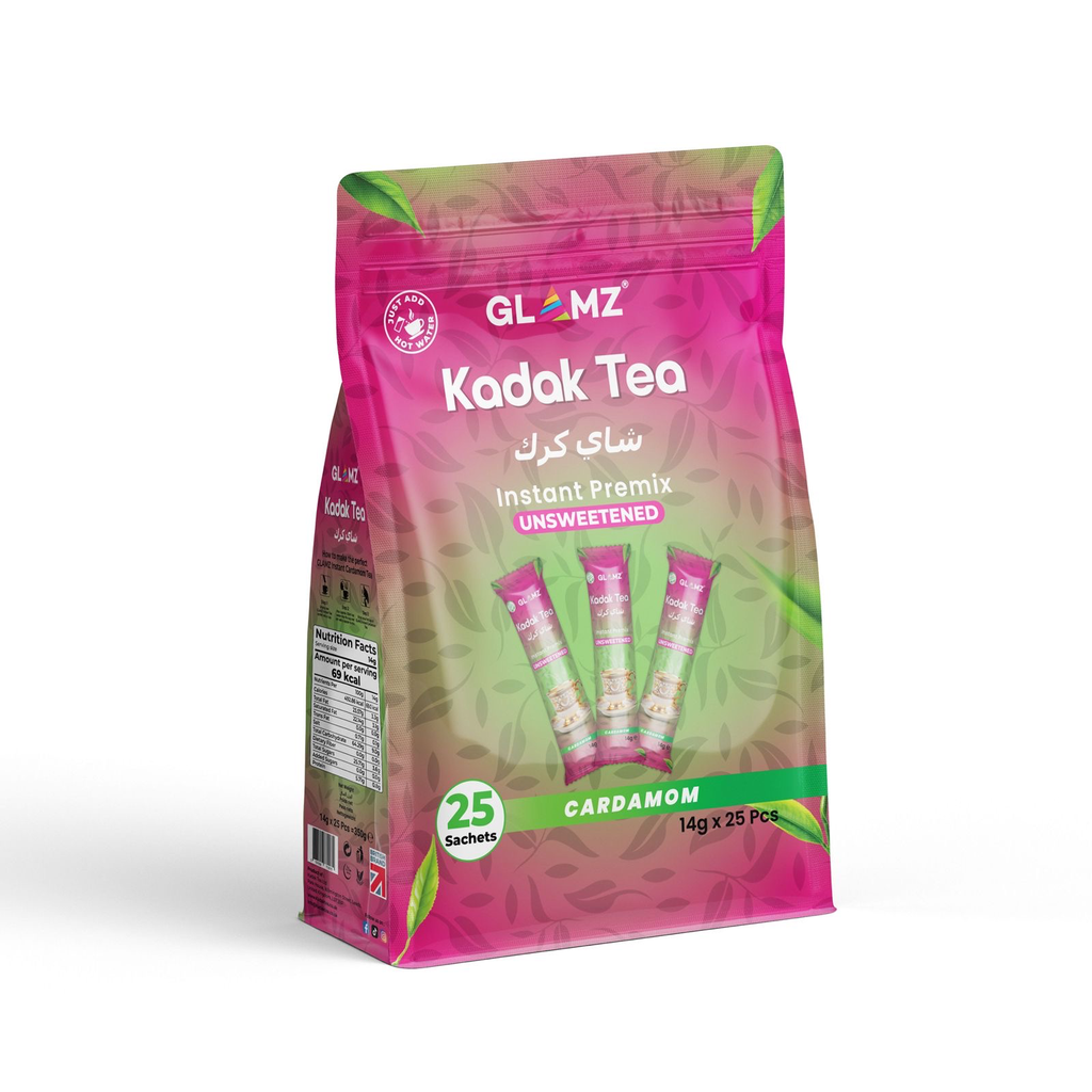 Glamz Kadak Tea Cardamom Unsweet Instant Powder Tea 14g x 25 sachets